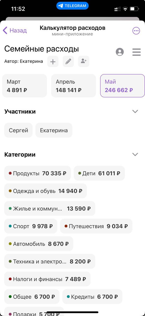 Скриншот статистики за месяц в калькуляторе расходов