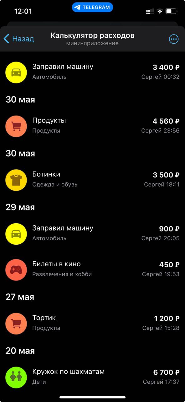 Скриншот статистики по дням в калькуляторе расходов