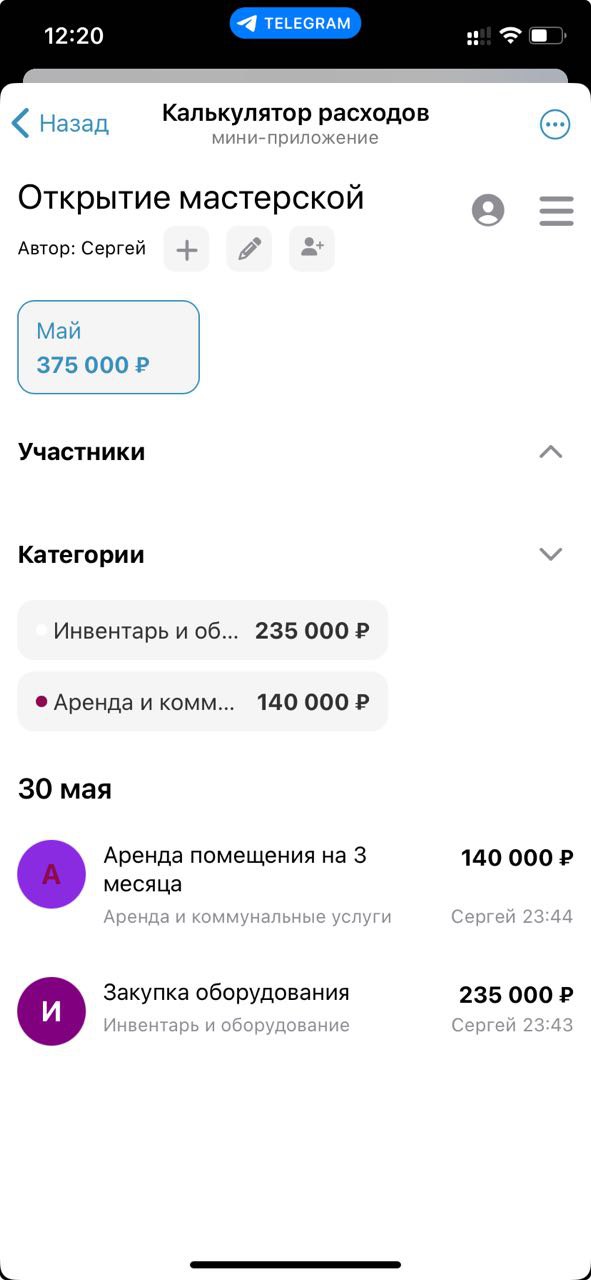 Скриншот проекта с типом бизнес в калькуляторе расходов