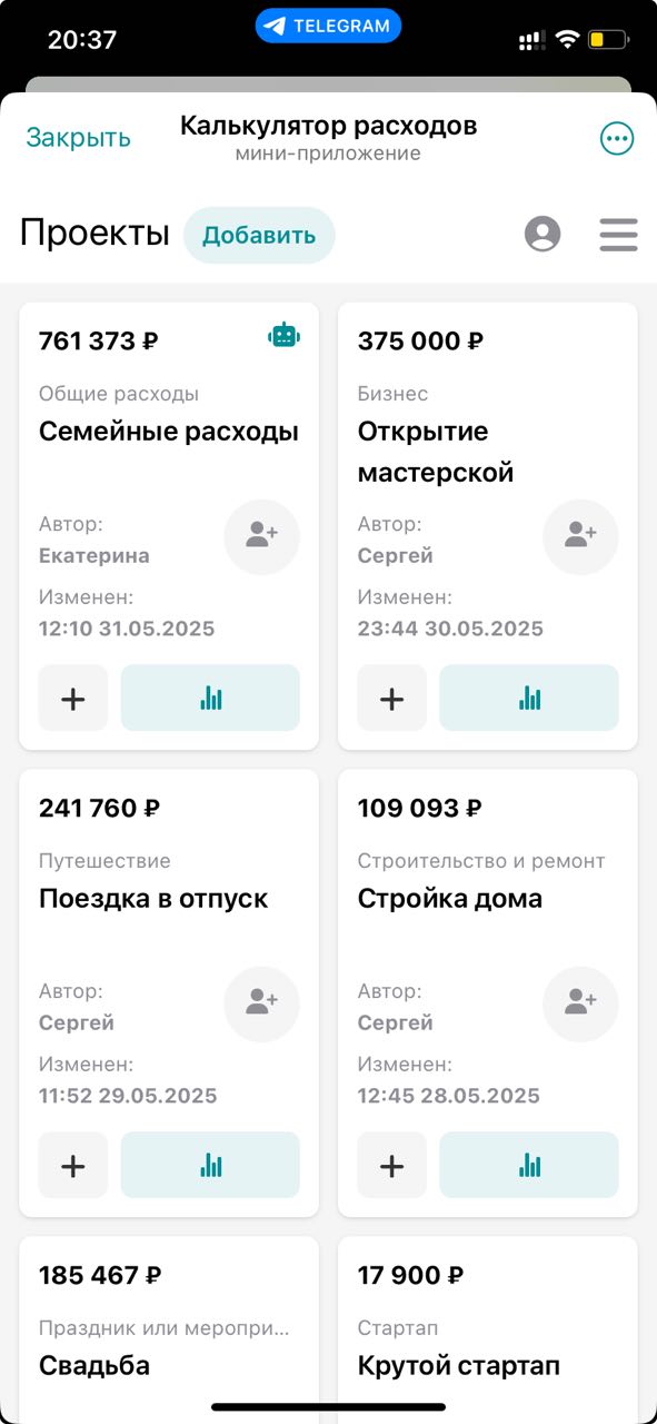 Скриншот списка проектов в калькуляторе расходов