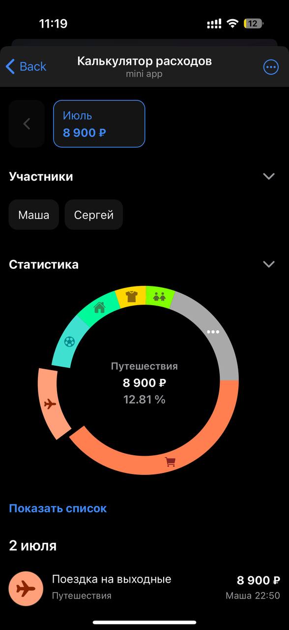 Скриншот круговой диаграммы в статистике калькулятора расходов